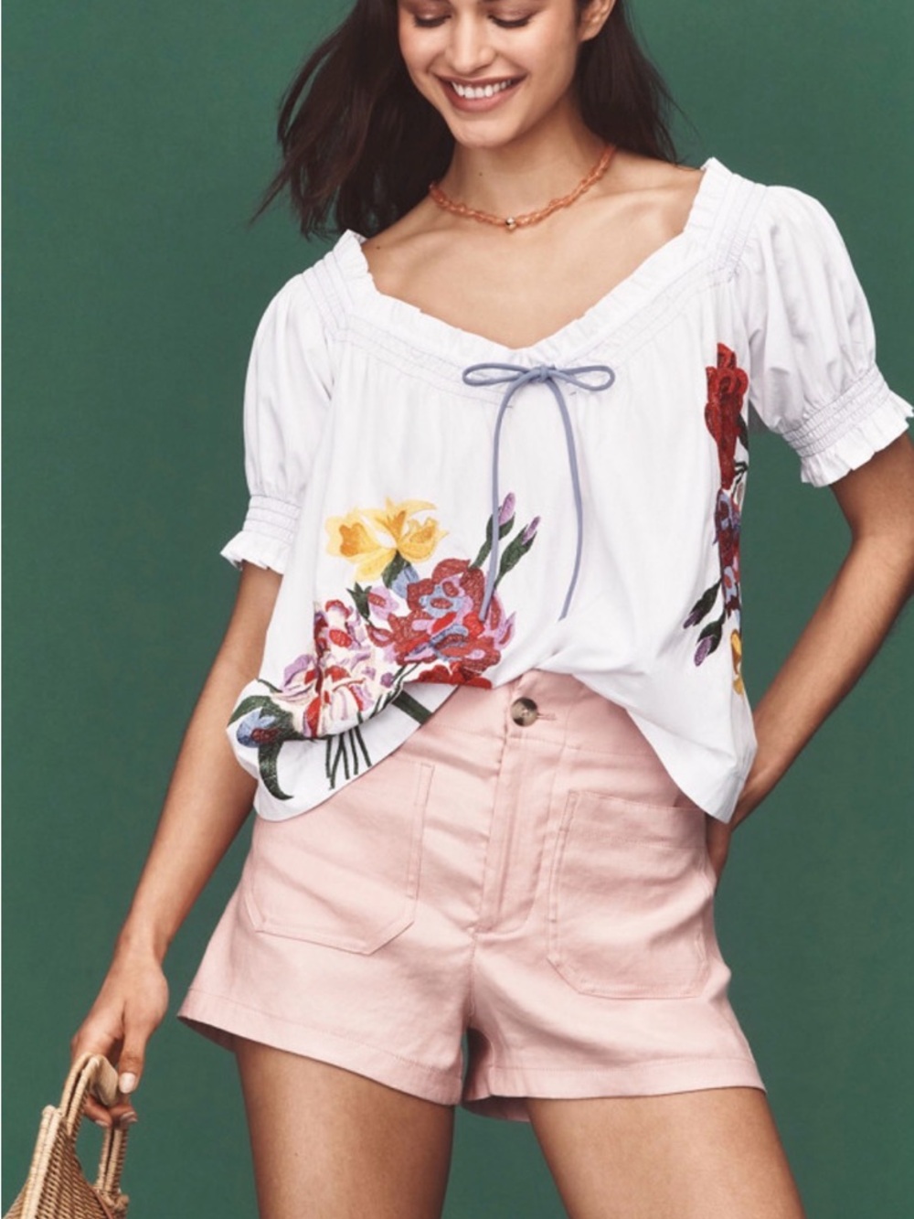 By Anthropologie Puff Sleeve Tie Front Floral Embroidered Blouse Like Nee Large
